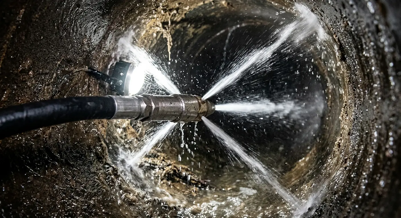 High-pressure hydro jetting nozzle cleaning sewer pipe for Trenchless Sewer Repair in Poughkeepsie