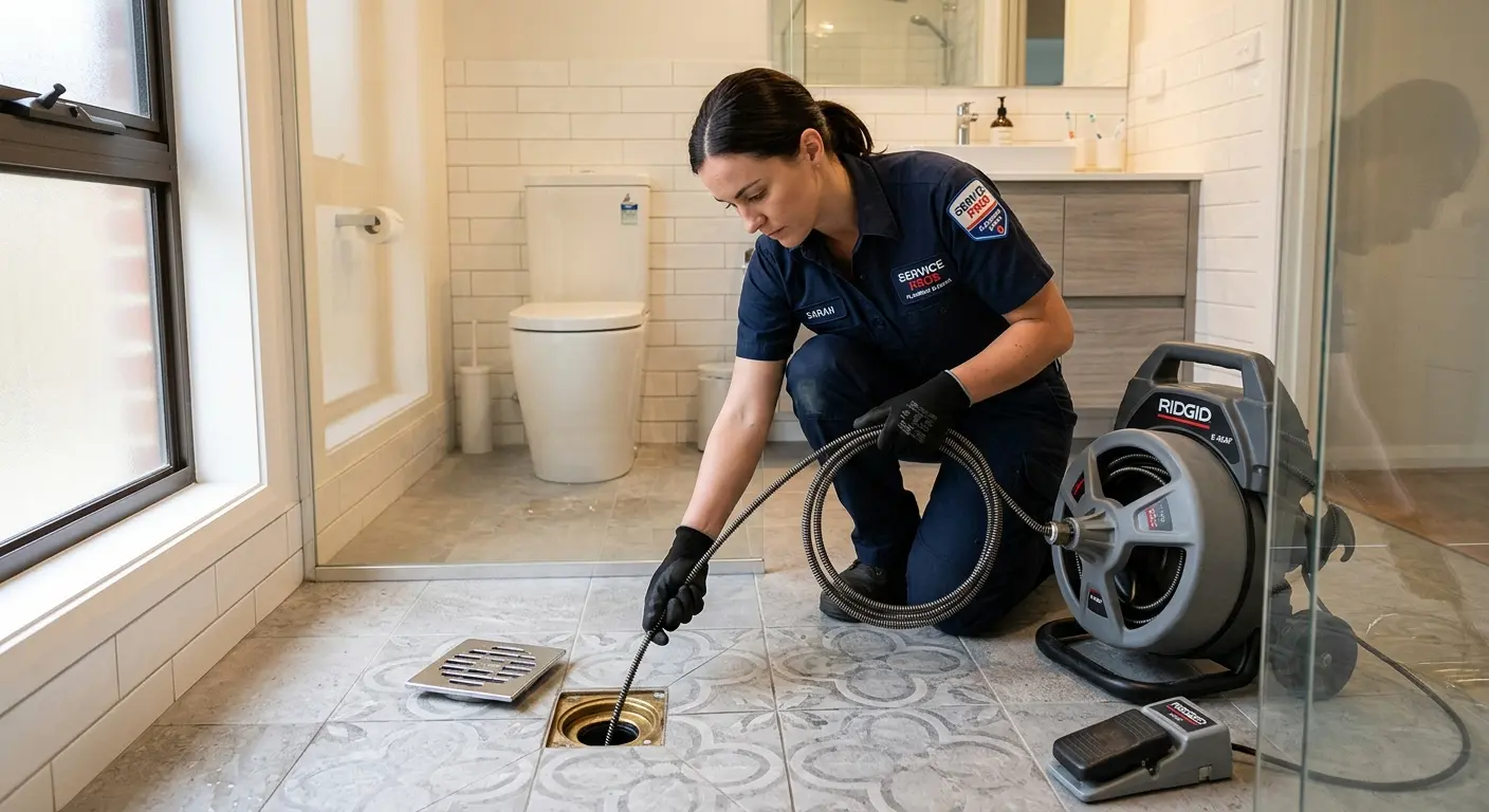 Technician clearing a bathroom floor drain for Drain Cleaning in Poughkeepsie